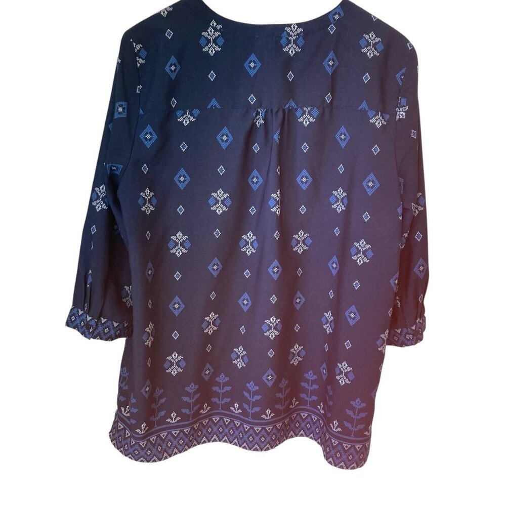 Anthropologie Fleur Bleue Women  Boho Blue Tunic Top 3/4 sleeve Tassel Tie Sz XL